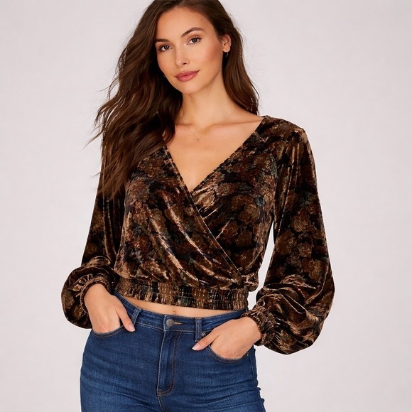 Chelsea & Violet Tops - Chelsea & Violet Dark Floral Boho Velvet Blouse Crop Top Women M Brown Romantic